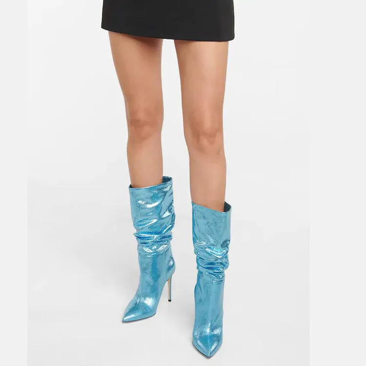 Snake Skin Wrinkle Stiletto Heel Boots
