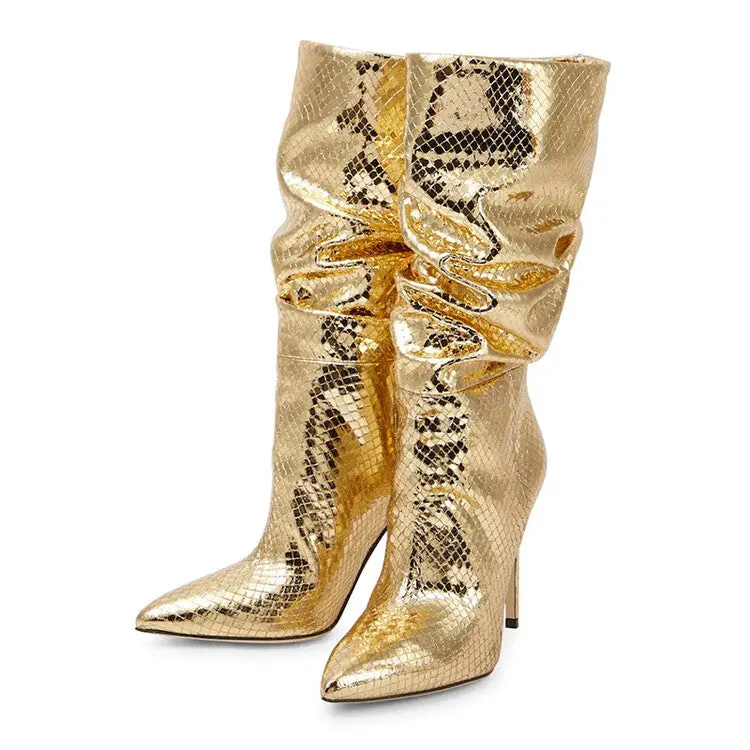 Snake Skin Wrinkle Stiletto Heel Boots