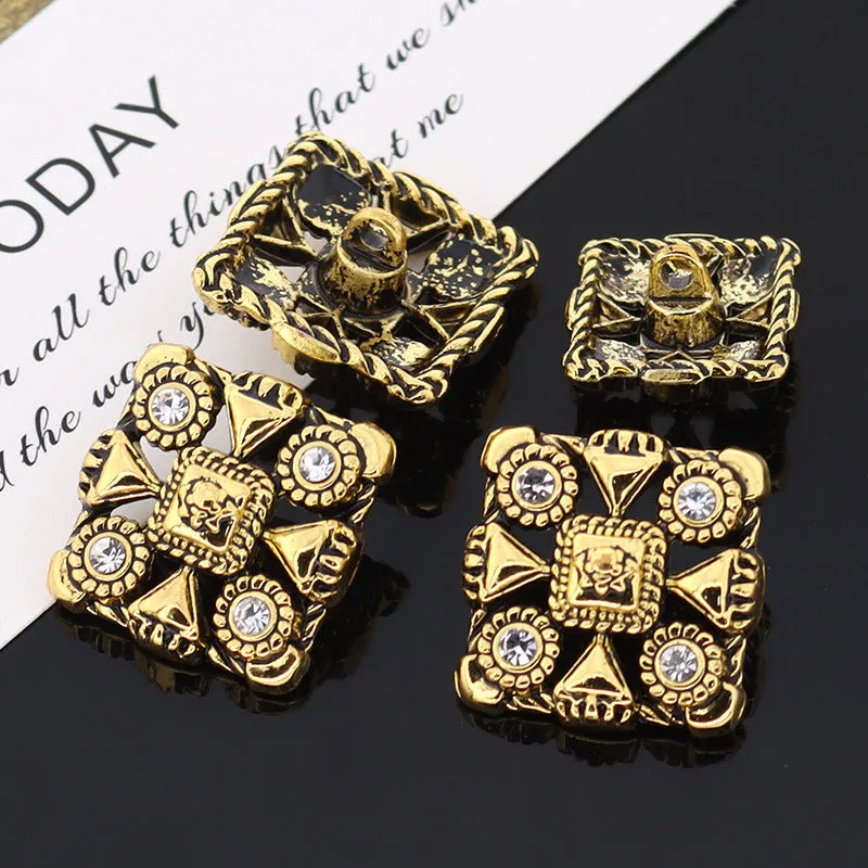Square Vintage Bronze Metal Rhinestone Buttons for Trench Coats 12pcs