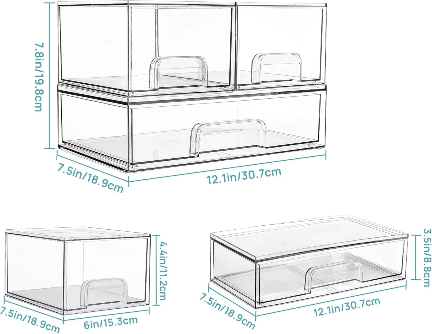 Stackable Storage Drawers Set of 3,Clear Plastic Organizer Bins for Makeup, Cosmetics, Beauty Supplies,Ideal for Vanity, Bathroom,Cabinet,Pantry Organization