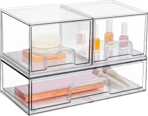 Stackable Storage Drawers Set of 3,Clear Plastic Organizer Bins for Makeup, Cosmetics, Beauty Supplies,Ideal for Vanity, Bathroom,Cabinet,Pantry Organization