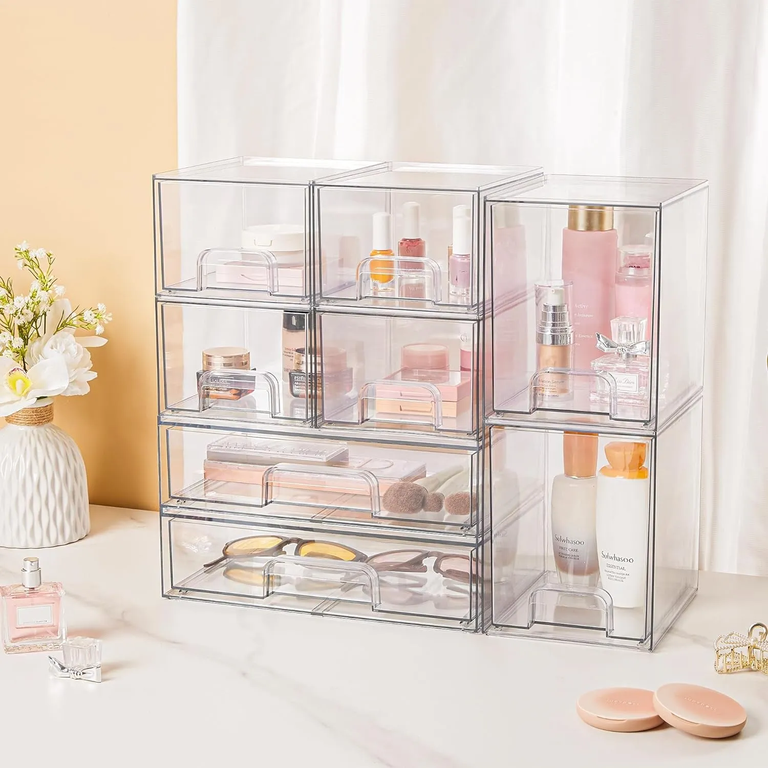 Stackable Storage Drawers Set of 3,Clear Plastic Organizer Bins for Makeup, Cosmetics, Beauty Supplies,Ideal for Vanity, Bathroom,Cabinet,Pantry Organization