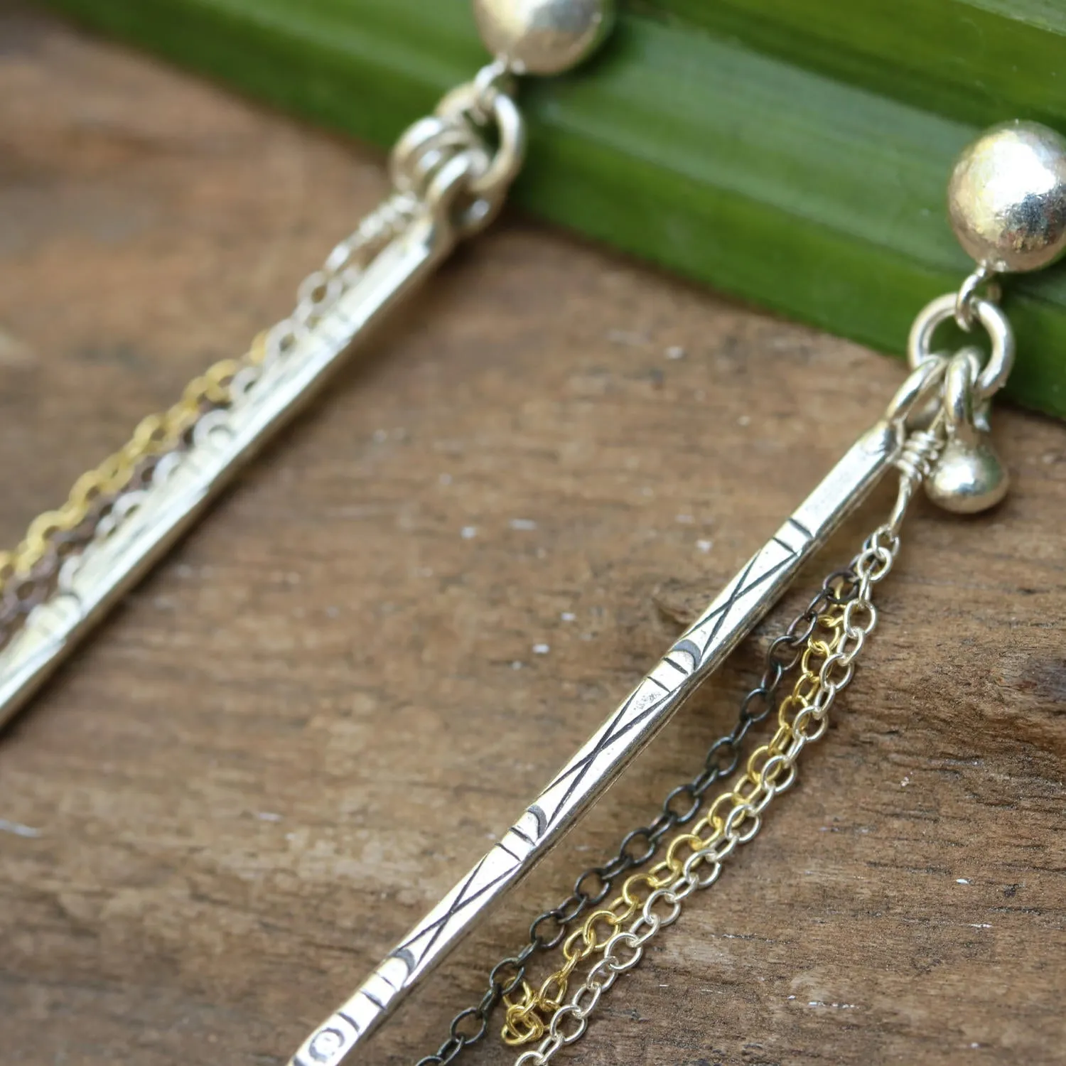 Sterling silver post earrings with silver spike oxidized engraving and silver chain set