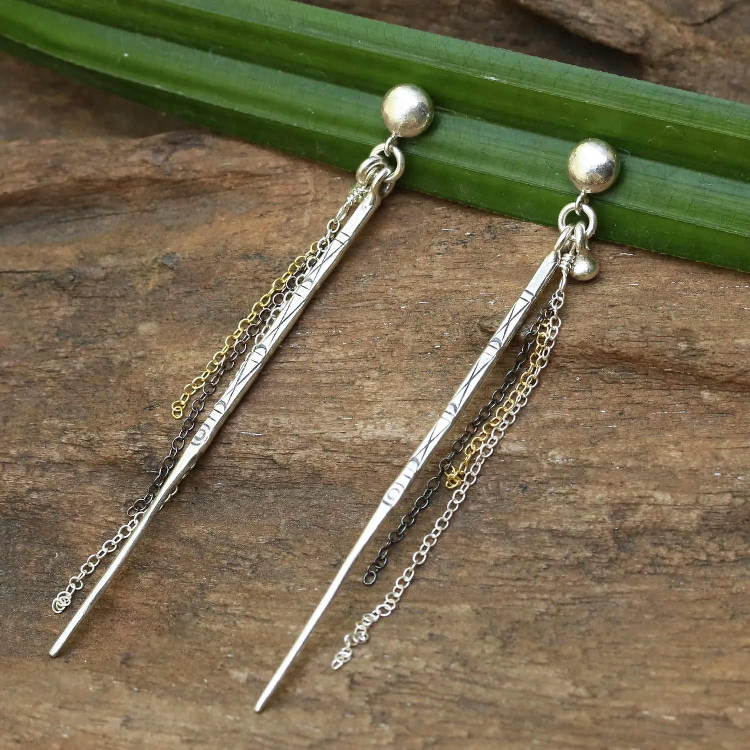 Sterling silver post earrings with silver spike oxidized engraving and silver chain set