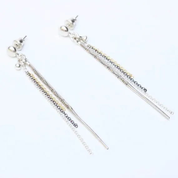 Sterling silver post earrings with silver spike oxidized engraving and silver chain set