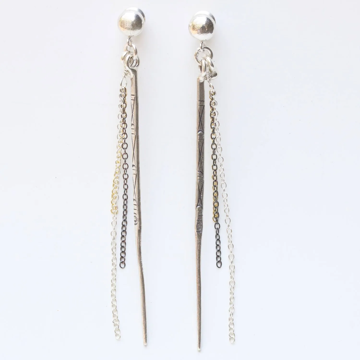 Sterling silver post earrings with silver spike oxidized engraving and silver chain set