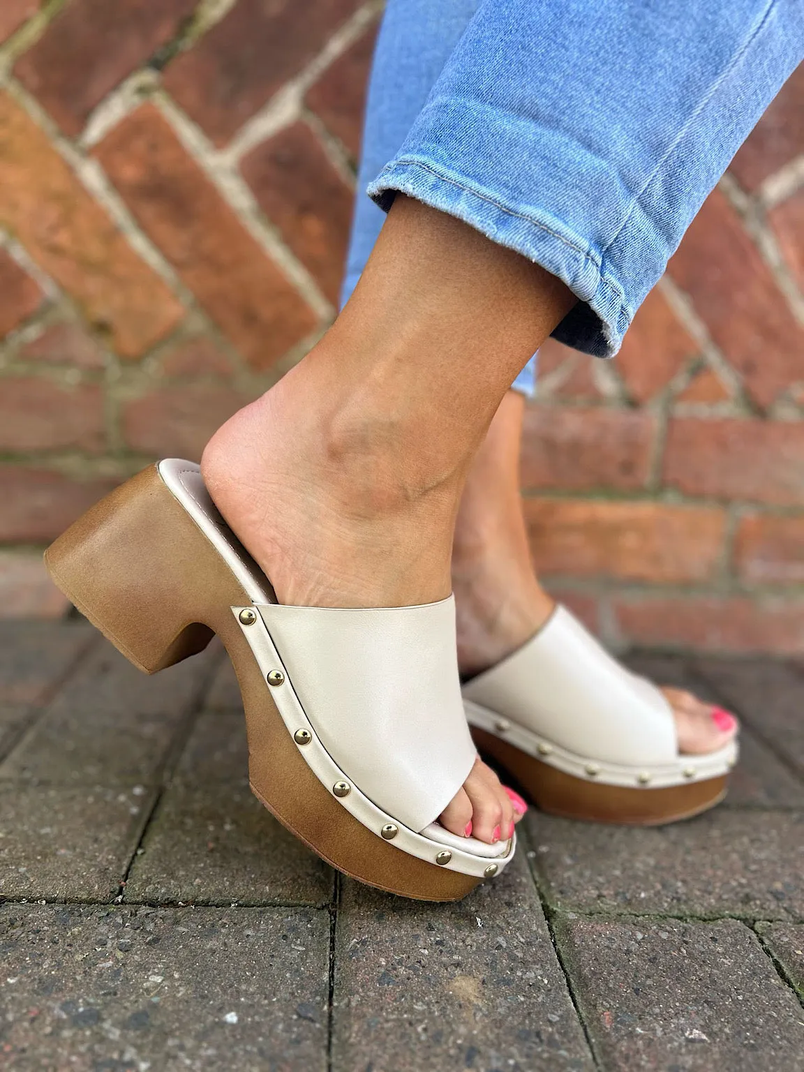Stone Open Toe Block Heel Clogs