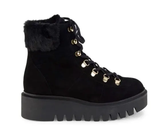 Stuart Weitzman Chalet Suede & Faux Fur Trim Combat Boots in Black