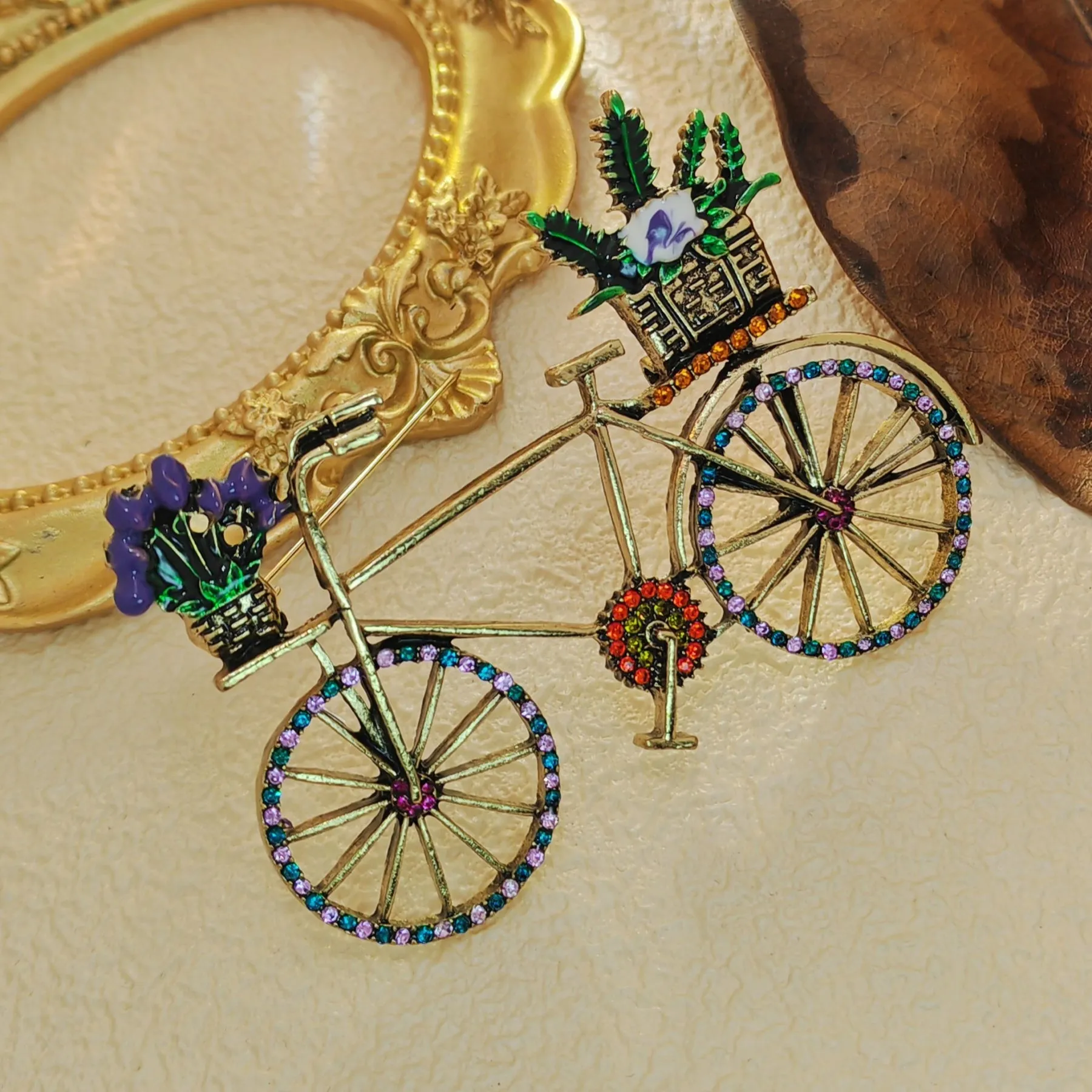 Stunning Vintage Metallic Women Bike Brooch with Enamel Flower Basket