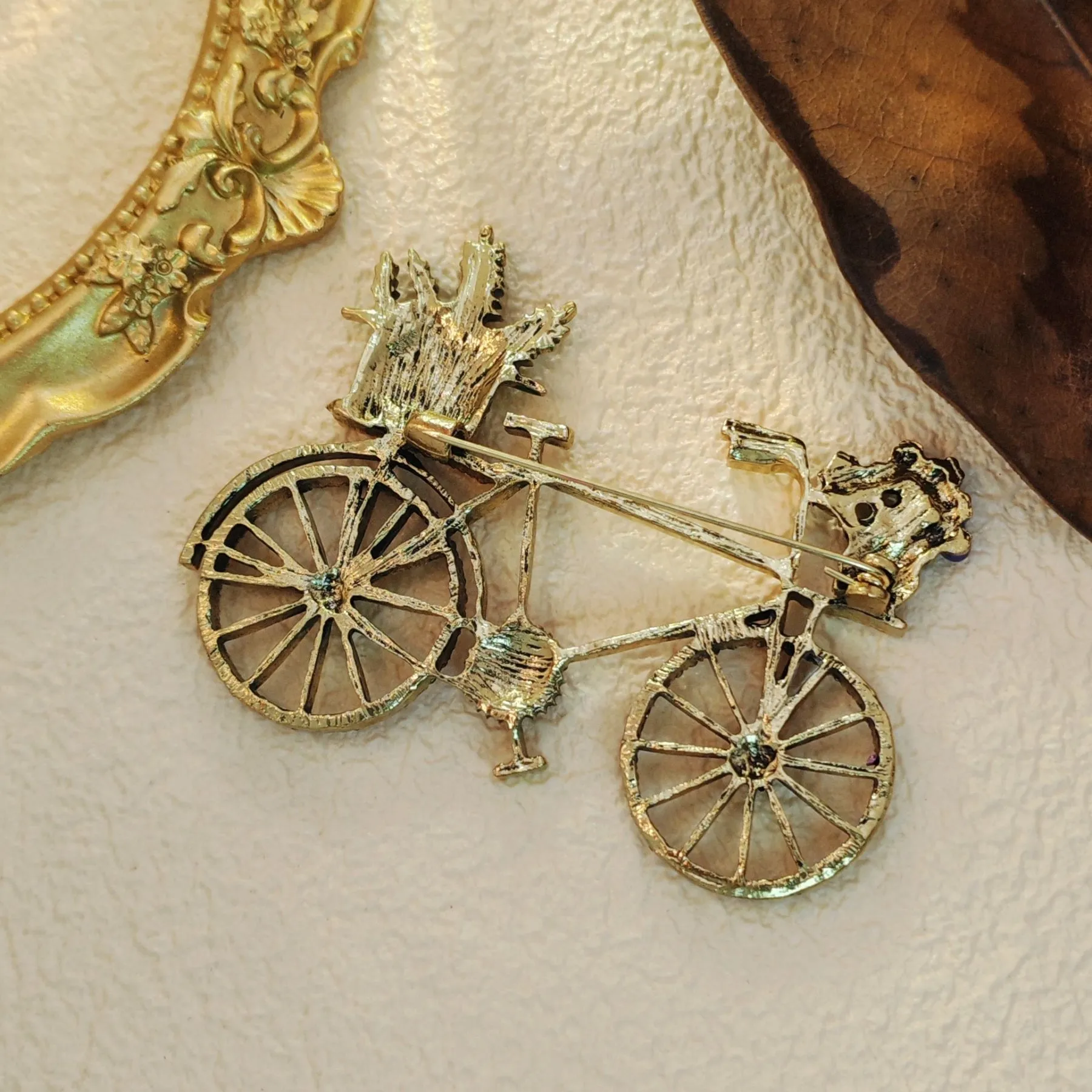 Stunning Vintage Metallic Women Bike Brooch with Enamel Flower Basket