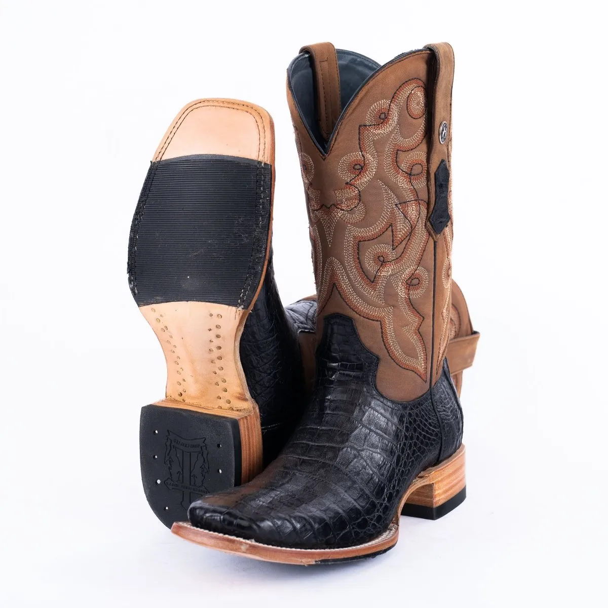 TANNER MARK MEN'S EXOTIC LEATHER Caiman Belly Black Western Boots Hybrid Sole
