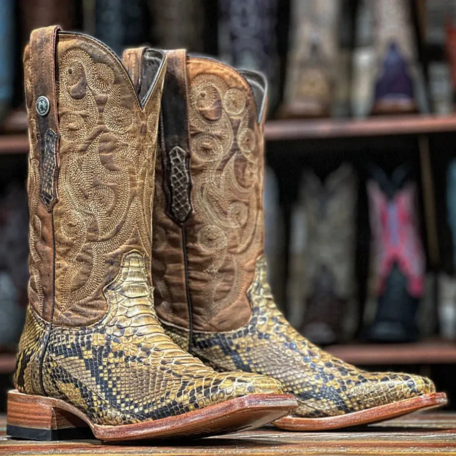 TANNER MARK MEN'S EXOTIC LEATHER Python Pull Up Antique Cowboy Boots