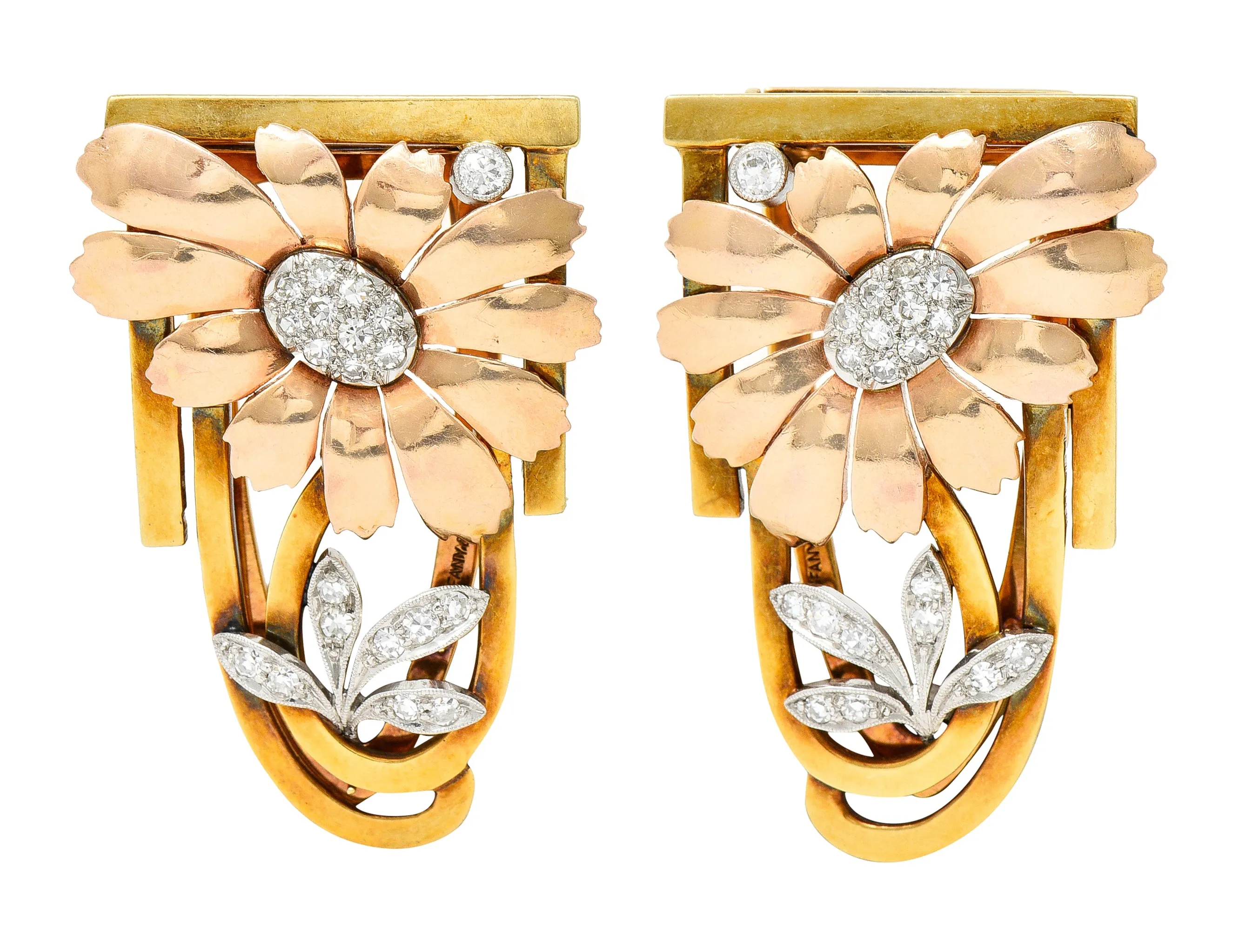 Tiffany & Co. Retro Diamond 18 Karat Two-Tone Gold Platinum Flower Vintage Clip Brooch