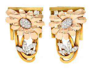 Tiffany & Co. Retro Diamond 18 Karat Two-Tone Gold Platinum Flower Vintage Clip Brooch