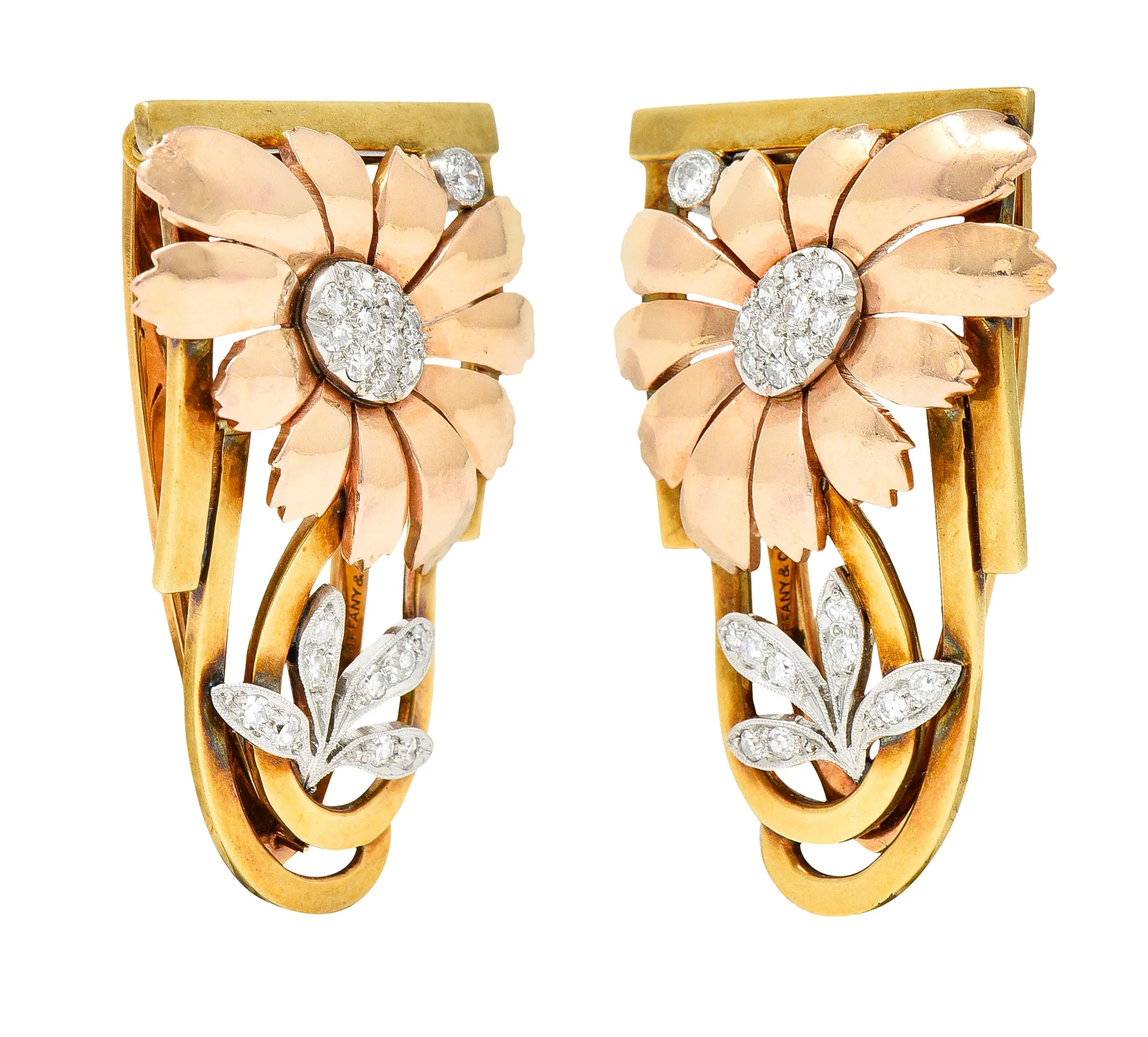 Tiffany & Co. Retro Diamond 18 Karat Two-Tone Gold Platinum Flower Vintage Clip Brooch