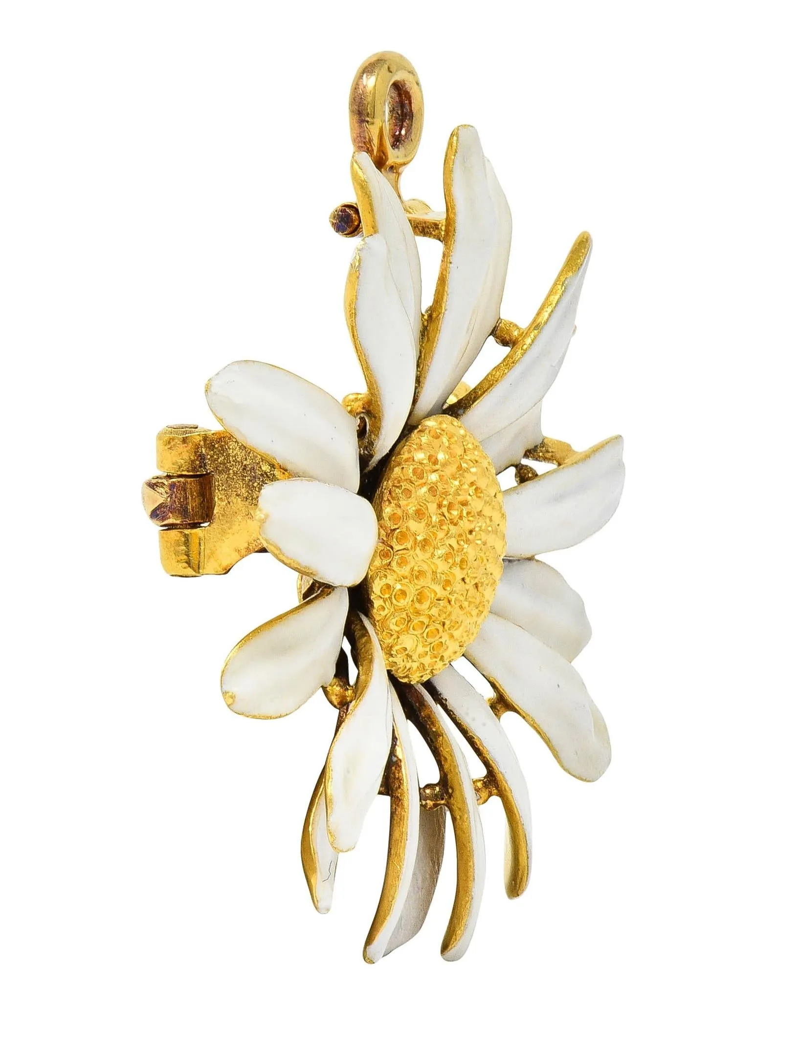 Tiffany & Co. Victorian Antique Enamel 18 Karat Yellow Gold Daisy Flower Pendant Brooch