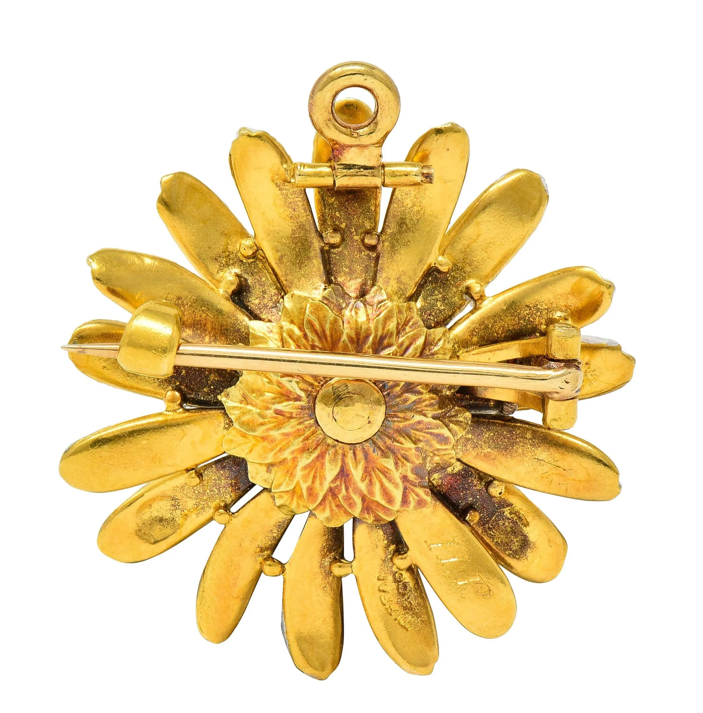 Tiffany & Co. Victorian Antique Enamel 18 Karat Yellow Gold Daisy Flower Pendant Brooch