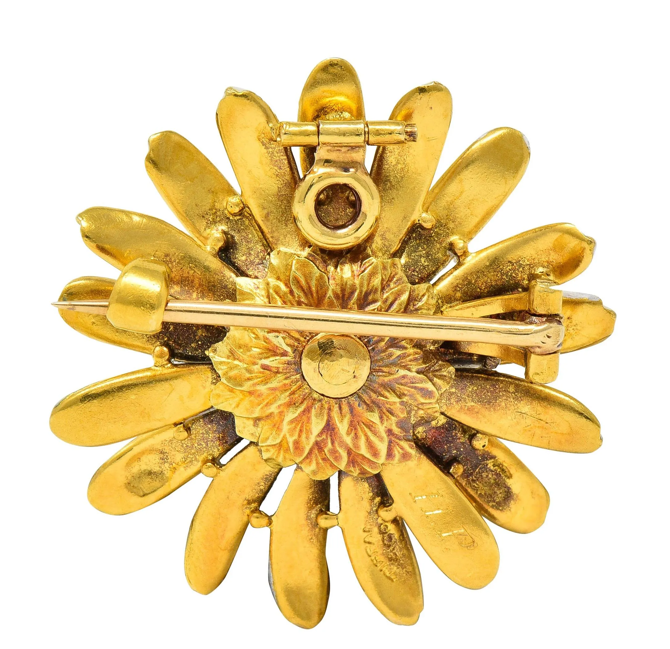 Tiffany & Co. Victorian Antique Enamel 18 Karat Yellow Gold Daisy Flower Pendant Brooch