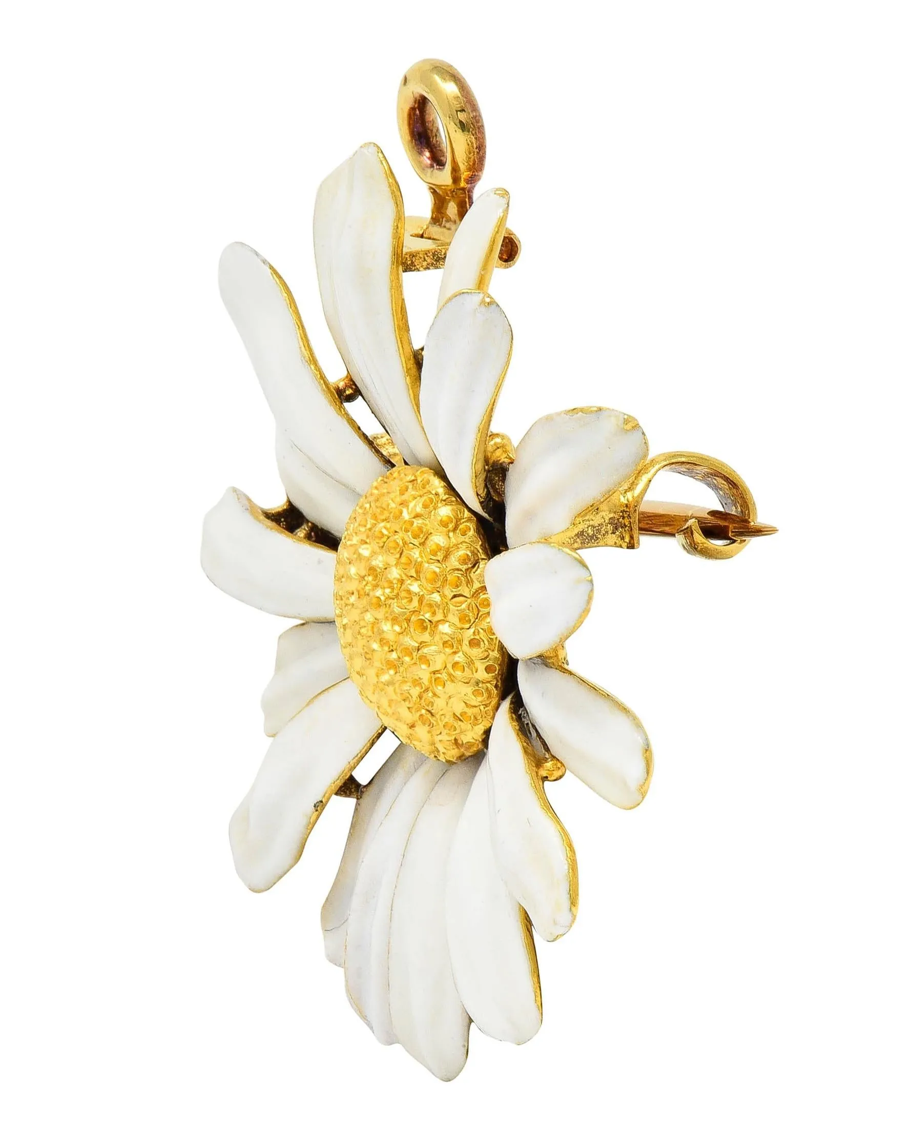 Tiffany & Co. Victorian Antique Enamel 18 Karat Yellow Gold Daisy Flower Pendant Brooch