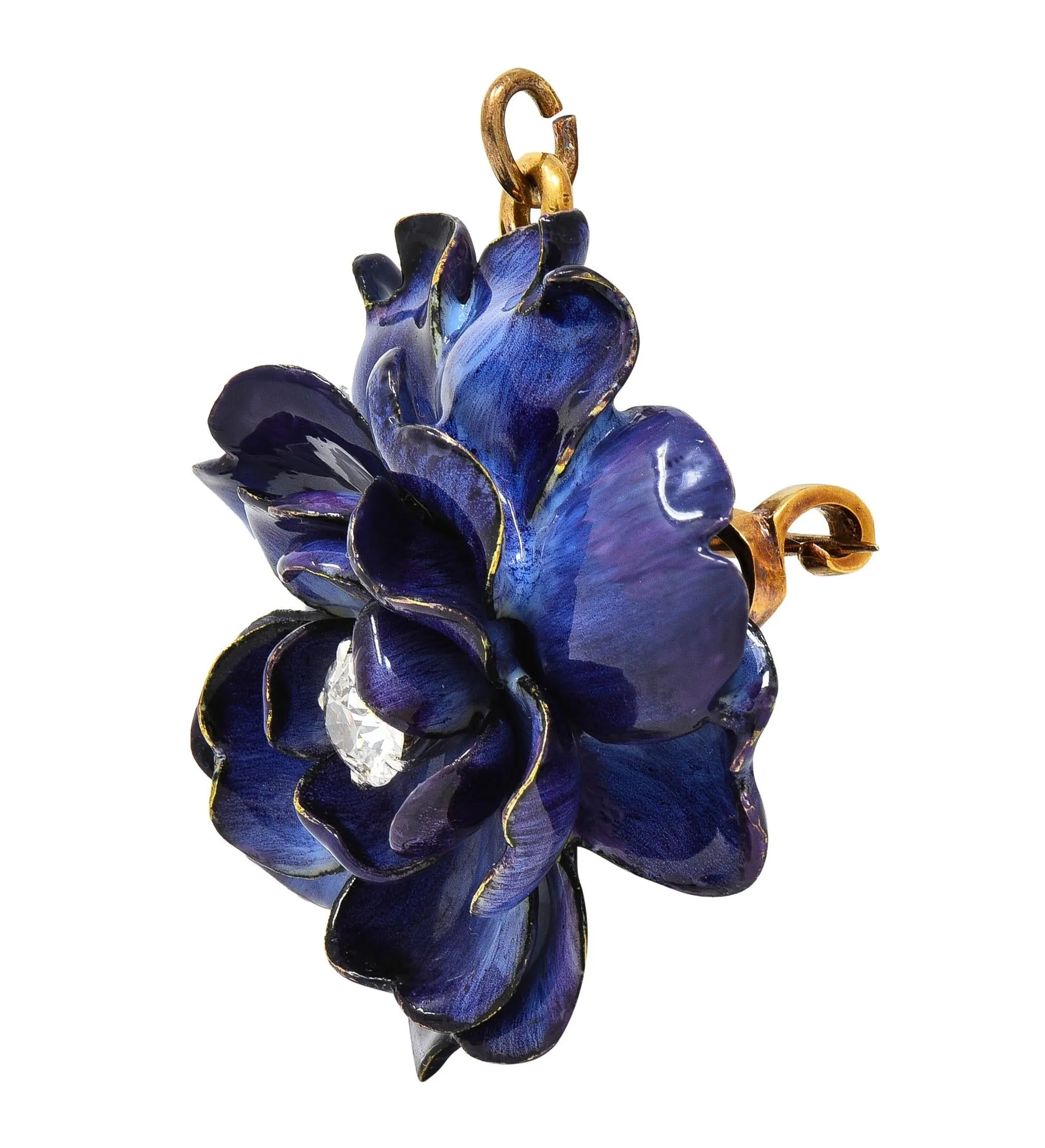 Tiffany & Co. Victorian Diamond Enamel 18K Gold Platinum Antique Gardenia Flower Pendant Brooch