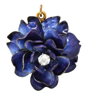 Tiffany & Co. Victorian Diamond Enamel 18K Gold Platinum Antique Gardenia Flower Pendant Brooch