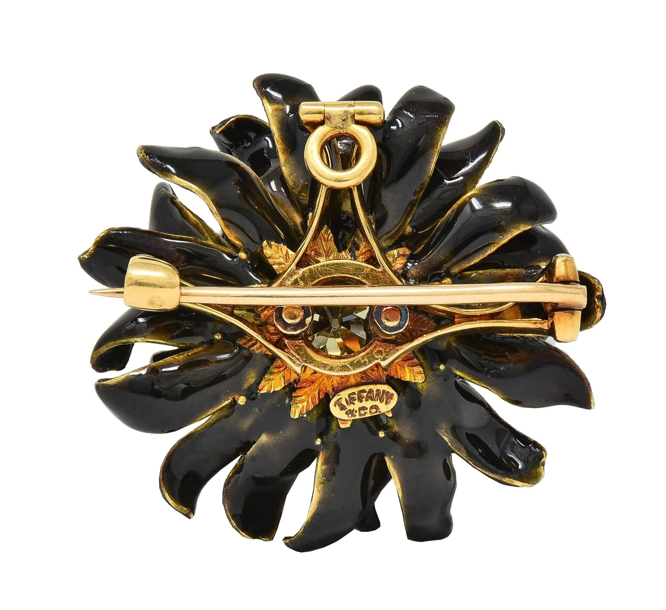 Tiffany & Co. Victorian Fancy Yellow Diamond Enamel 14 Karat Yellow Gold Purple Chrysanthemum Flower Antique Pendant Brooch