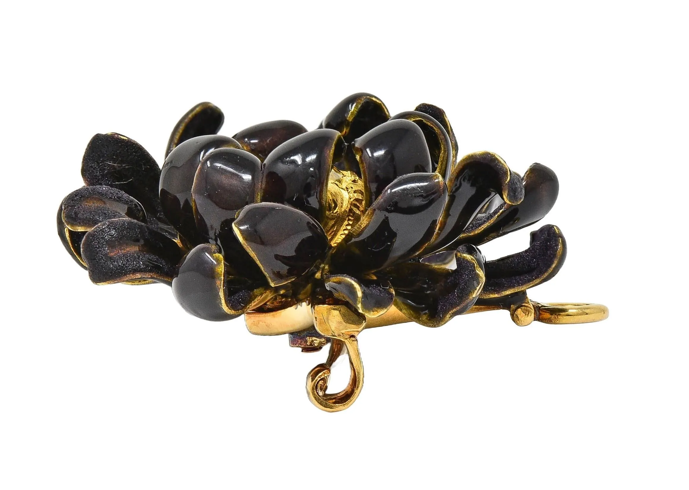 Tiffany & Co. Victorian Fancy Yellow Diamond Enamel 14 Karat Yellow Gold Purple Chrysanthemum Flower Antique Pendant Brooch