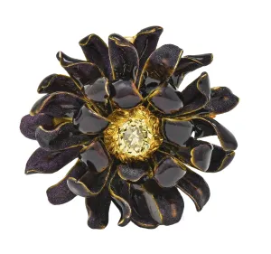 Tiffany & Co. Victorian Fancy Yellow Diamond Enamel 14 Karat Yellow Gold Purple Chrysanthemum Flower Antique Pendant Brooch