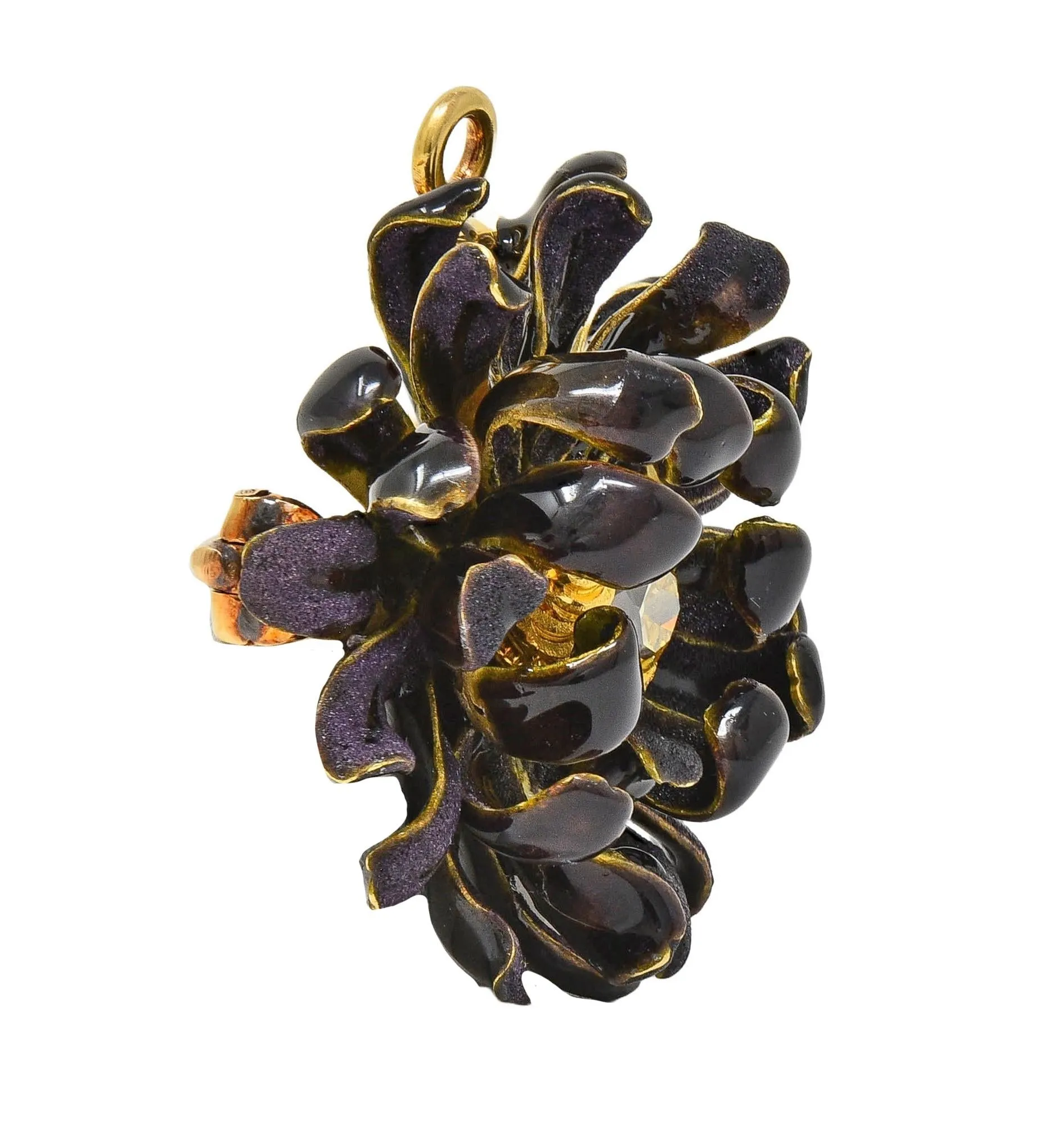 Tiffany & Co. Victorian Fancy Yellow Diamond Enamel 14 Karat Yellow Gold Purple Chrysanthemum Flower Antique Pendant Brooch