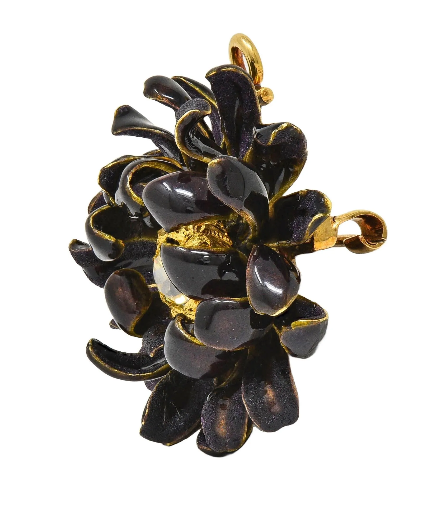 Tiffany & Co. Victorian Fancy Yellow Diamond Enamel 14 Karat Yellow Gold Purple Chrysanthemum Flower Antique Pendant Brooch