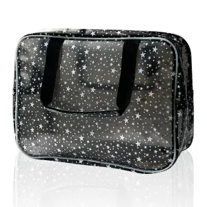 TotePrint Black Holographic Star Cosmetic Bag for Women 11.8x5.1x8.2 Inches Portable Travel Toiletry Bag with Handles,Durable PVC Material,Zipper Design-Ideal Large Clear Makeup Organizer