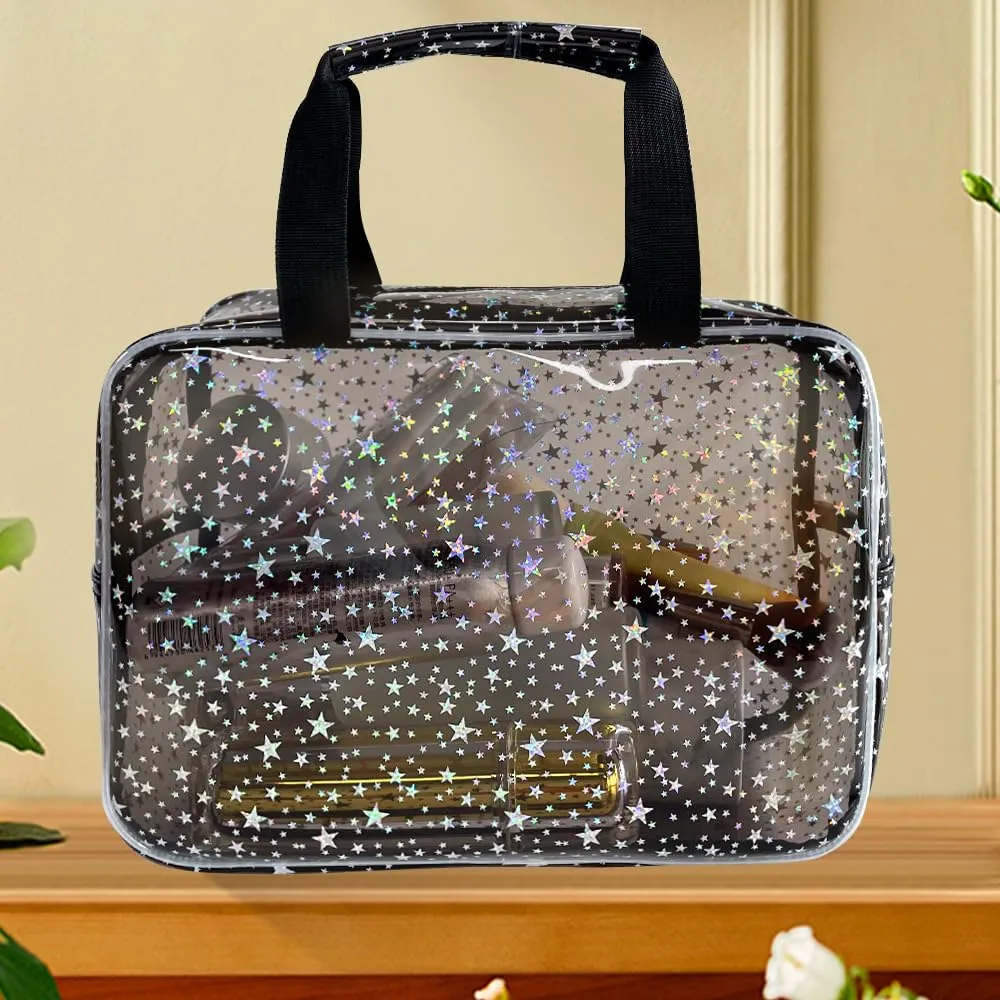 TotePrint Black Holographic Star Cosmetic Bag for Women 11.8x5.1x8.2 Inches Portable Travel Toiletry Bag with Handles,Durable PVC Material,Zipper Design-Ideal Large Clear Makeup Organizer