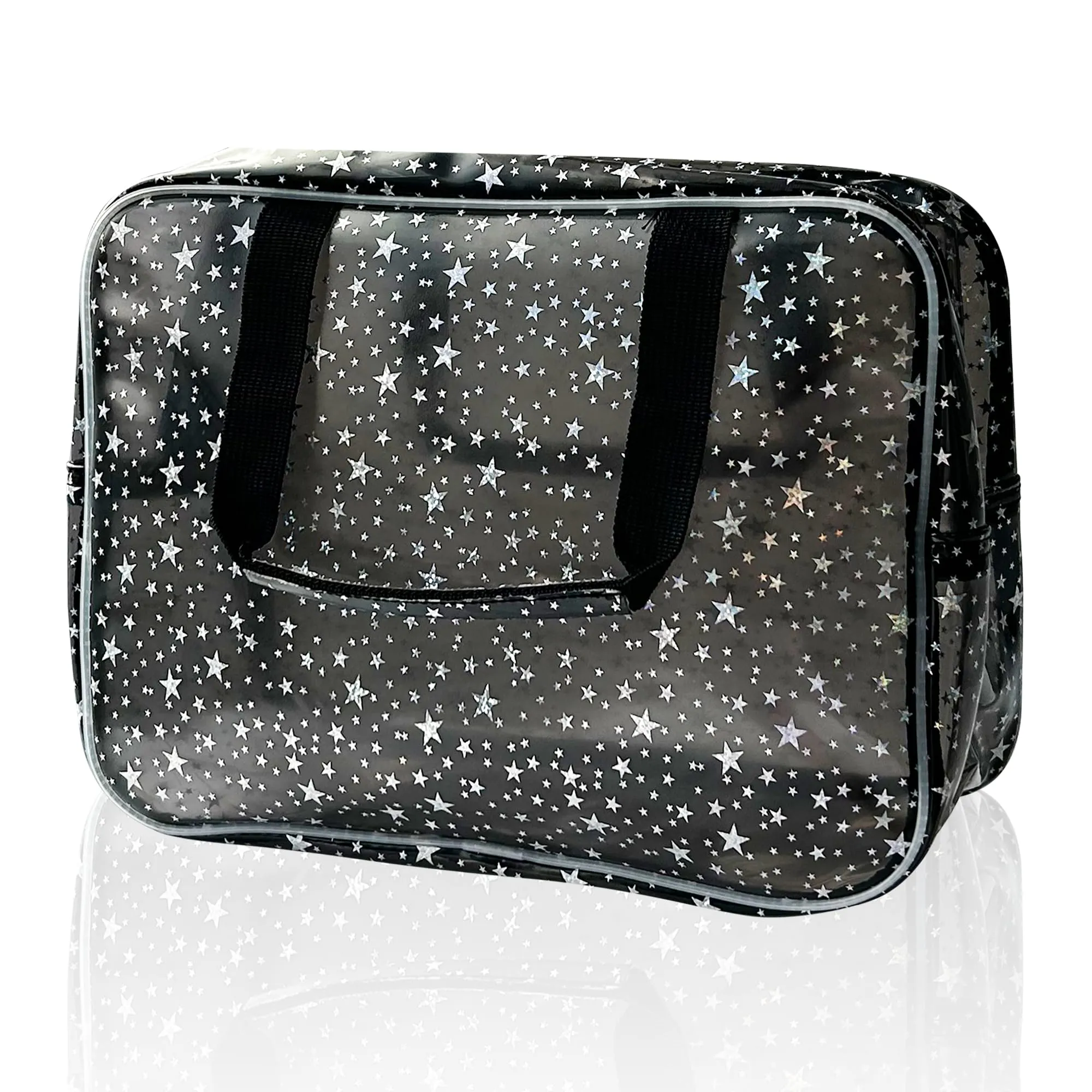 TotePrint Black Holographic Star Cosmetic Bag for Women 11.8x5.1x8.2 Inches Portable Travel Toiletry Bag with Handles,Durable PVC Material,Zipper Design-Ideal Large Clear Makeup Organizer
