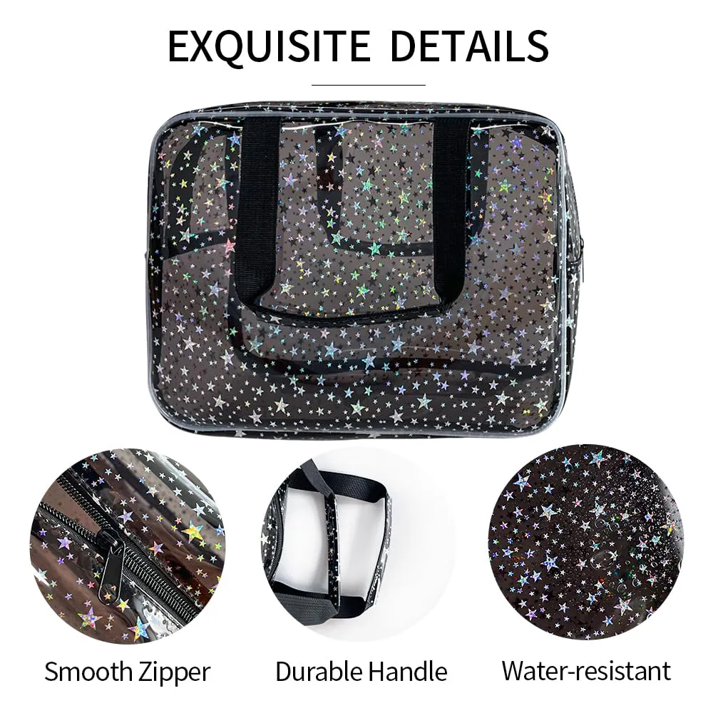 TotePrint Black Holographic Star Cosmetic Bag for Women 11.8x5.1x8.2 Inches Portable Travel Toiletry Bag with Handles,Durable PVC Material,Zipper Design-Ideal Large Clear Makeup Organizer
