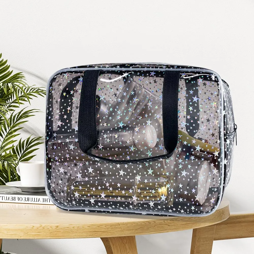 TotePrint Black Holographic Star Cosmetic Bag for Women 11.8x5.1x8.2 Inches Portable Travel Toiletry Bag with Handles,Durable PVC Material,Zipper Design-Ideal Large Clear Makeup Organizer