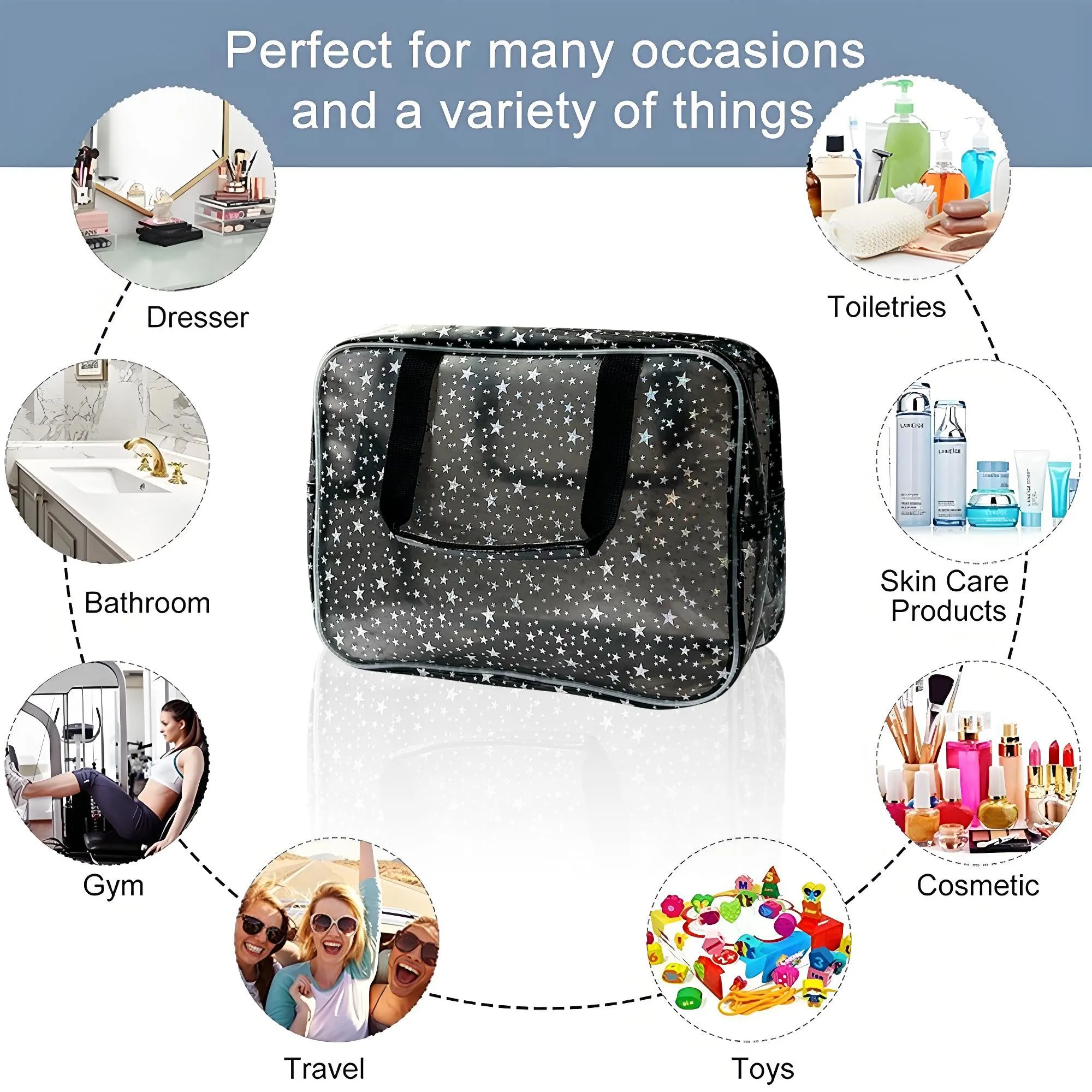 TotePrint Black Holographic Star Cosmetic Bag for Women 11.8x5.1x8.2 Inches Portable Travel Toiletry Bag with Handles,Durable PVC Material,Zipper Design-Ideal Large Clear Makeup Organizer