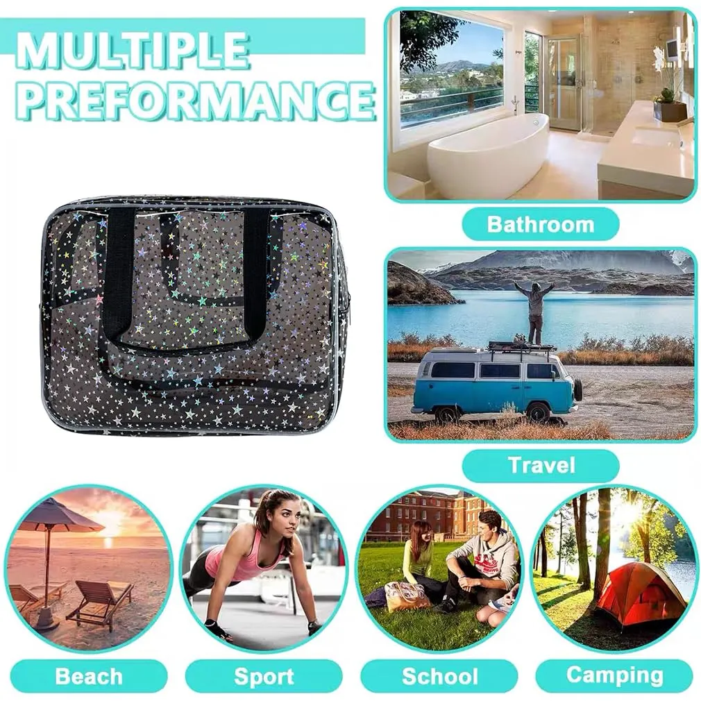 TotePrint Black Holographic Star Cosmetic Bag for Women 11.8x5.1x8.2 Inches Portable Travel Toiletry Bag with Handles,Durable PVC Material,Zipper Design-Ideal Large Clear Makeup Organizer