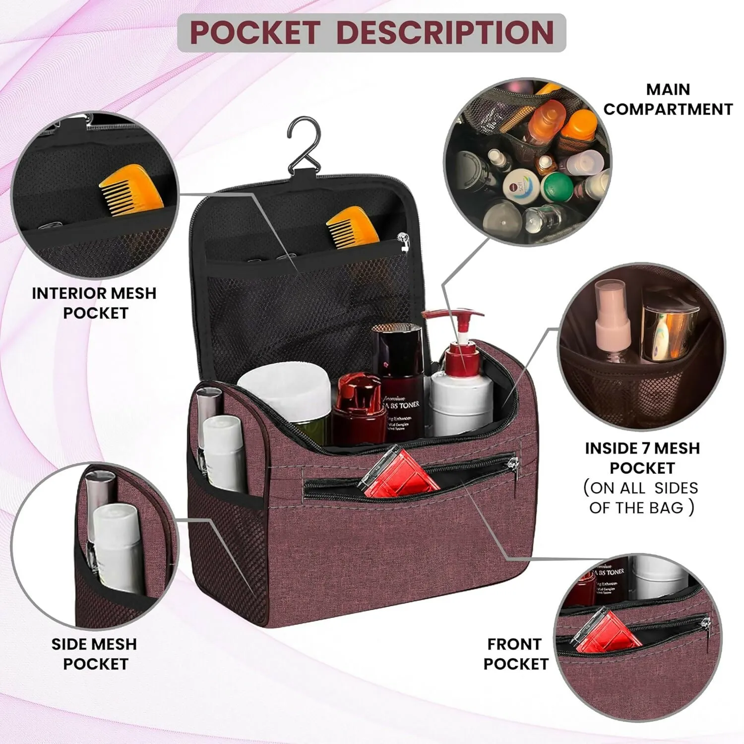 Travel Makeup & Toiletry Organizer Bag (Maroon)