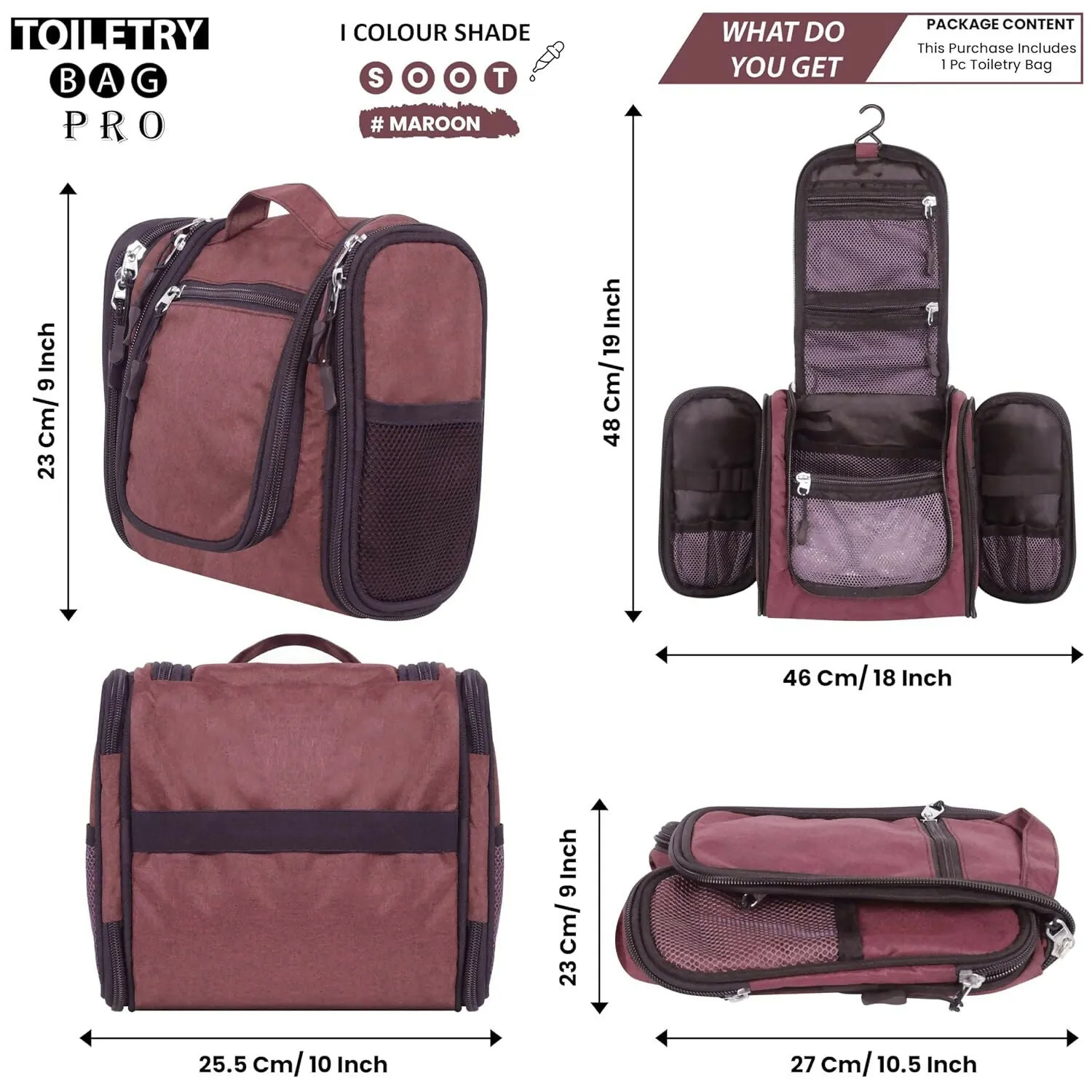 Travel Makeup & Toiletry Organizer Bag (Maroon)