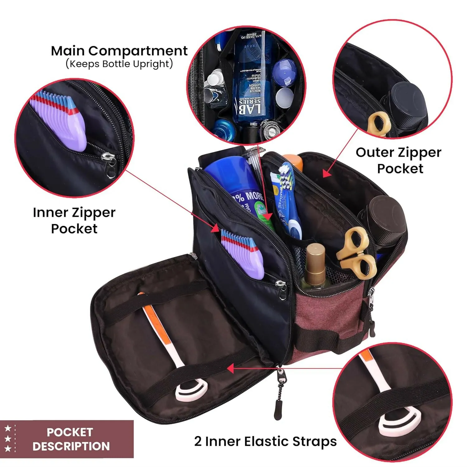 Travel Makeup & Toiletry Organizer Bag (Maroon)