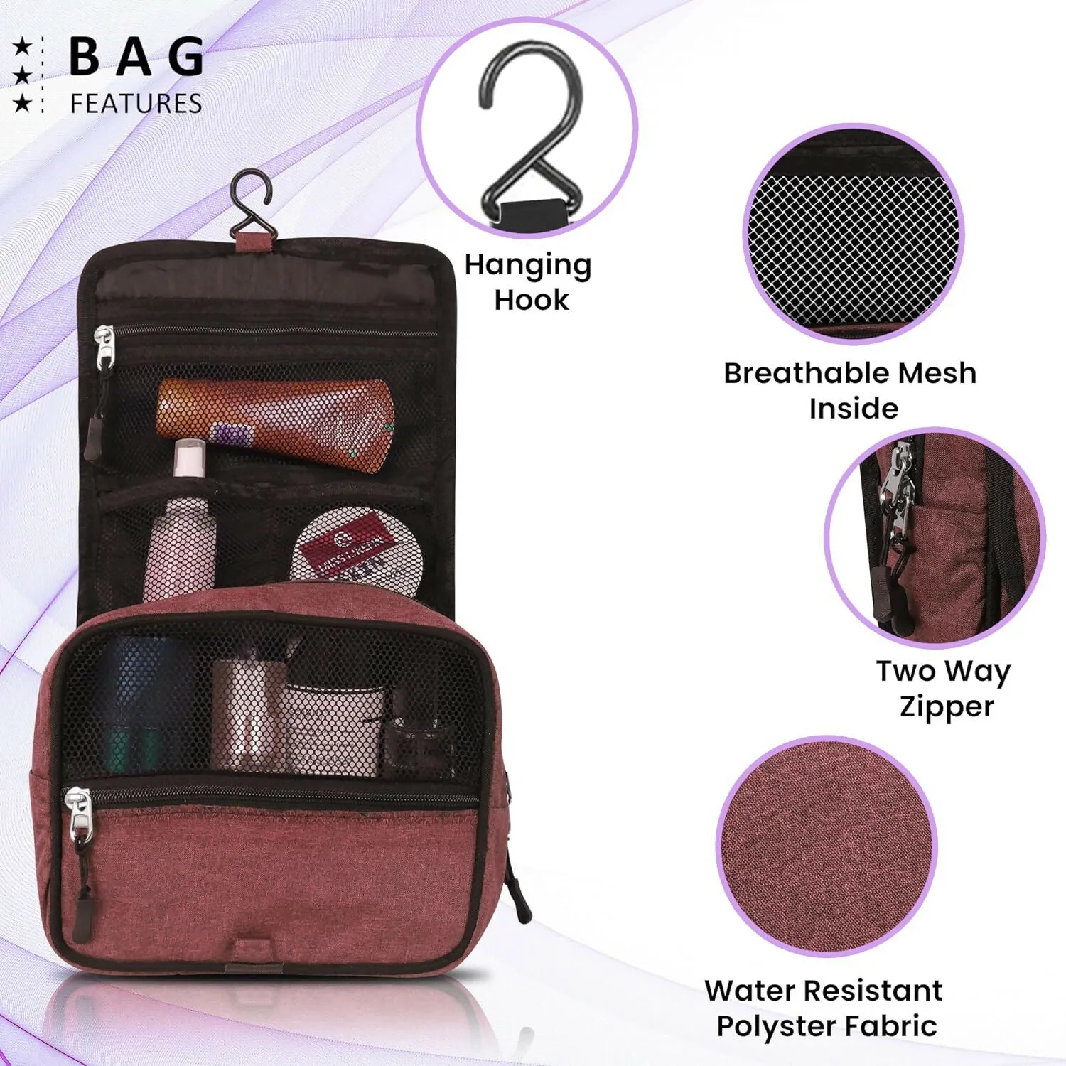 Travel Makeup & Toiletry Organizer Bag (Maroon)