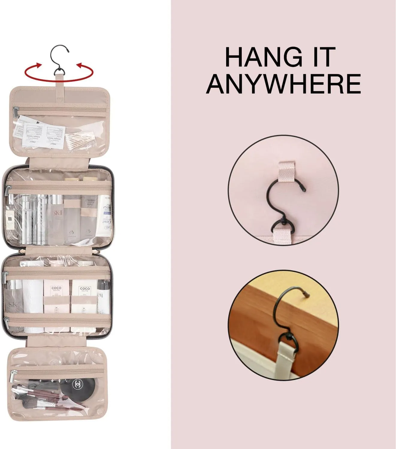 Travel Toiletry Bag with Hanging Hook, Waterproof Makeup Organizer Bag, Baby Pink