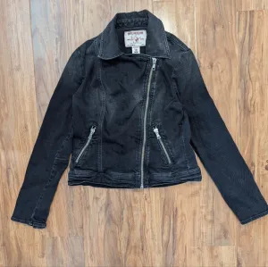 True Religion Biker Denim Jacket Asymmetrical Zip Up Black Wash Women's Medium