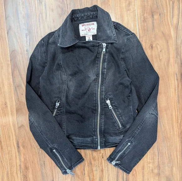 True Religion Biker Denim Jacket Asymmetrical Zip Up Black Wash Women's Medium
