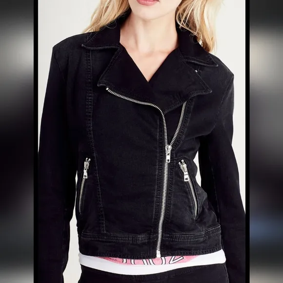 True Religion Biker Denim Jacket Asymmetrical Zip Up Black Wash Women's Medium