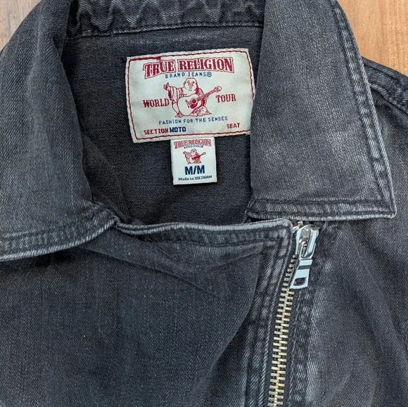 True Religion Biker Denim Jacket Asymmetrical Zip Up Black Wash Women's Medium