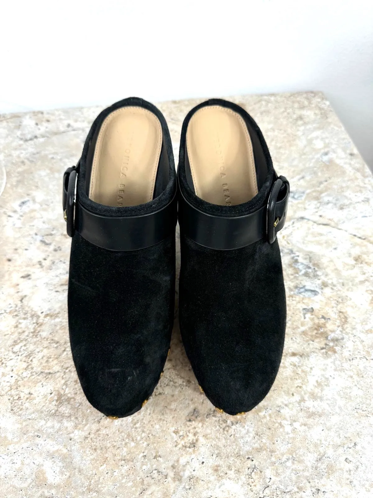 VERONICA BEARD DARCY SUEDE GOLD STUDDED CLOGS