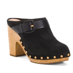 VERONICA BEARD DARCY SUEDE GOLD STUDDED CLOGS