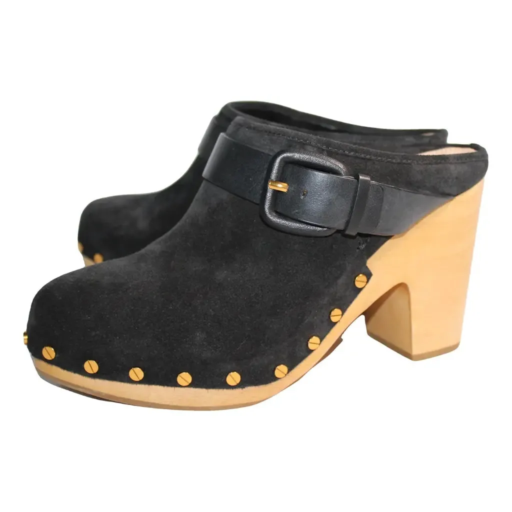 VERONICA BEARD DARCY SUEDE GOLD STUDDED CLOGS