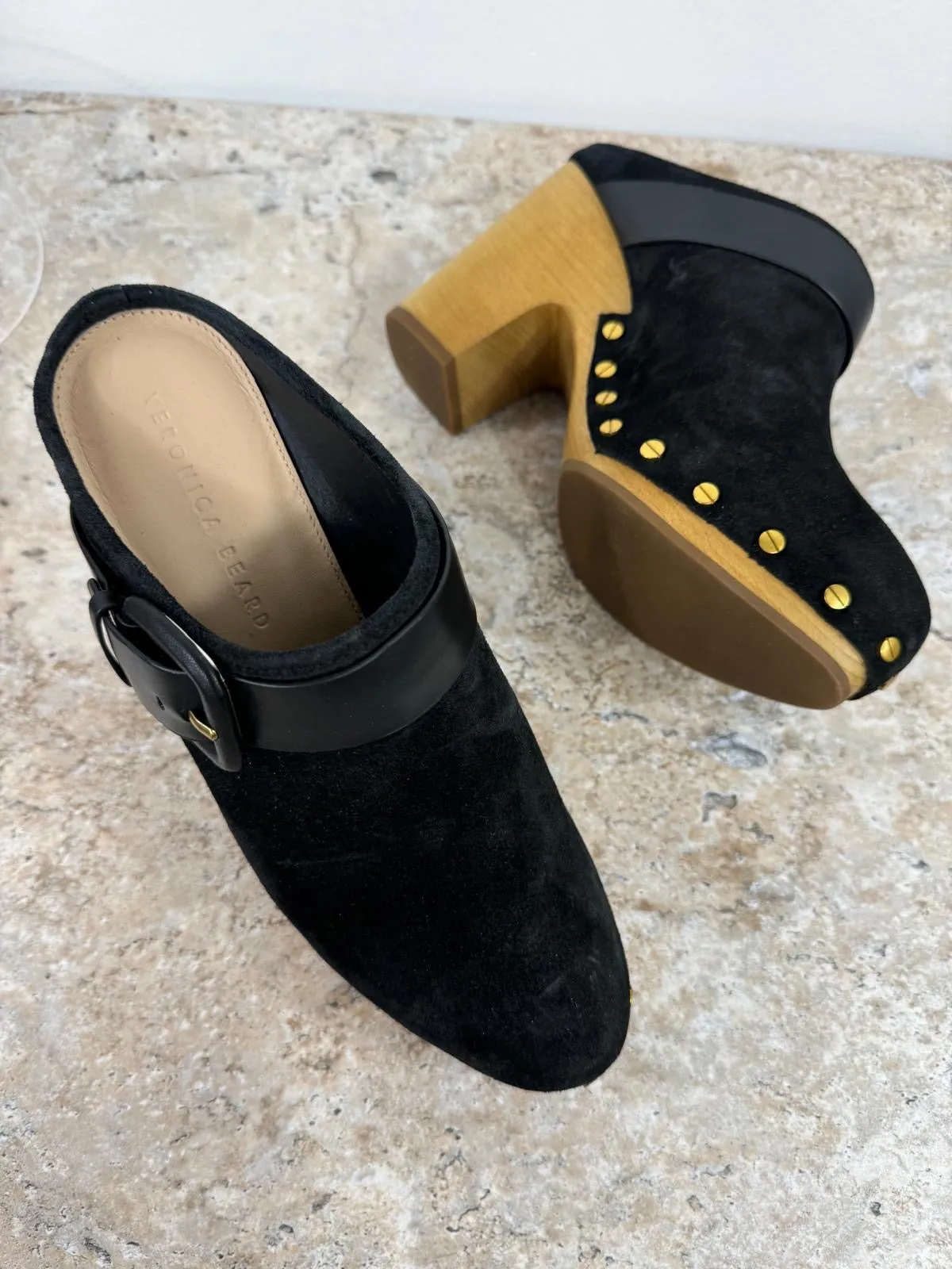 VERONICA BEARD DARCY SUEDE GOLD STUDDED CLOGS